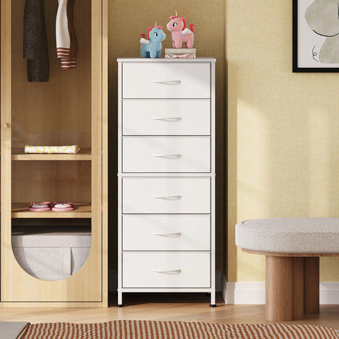 WLIVE white tall dresser with six fabric drawers for organized storage.