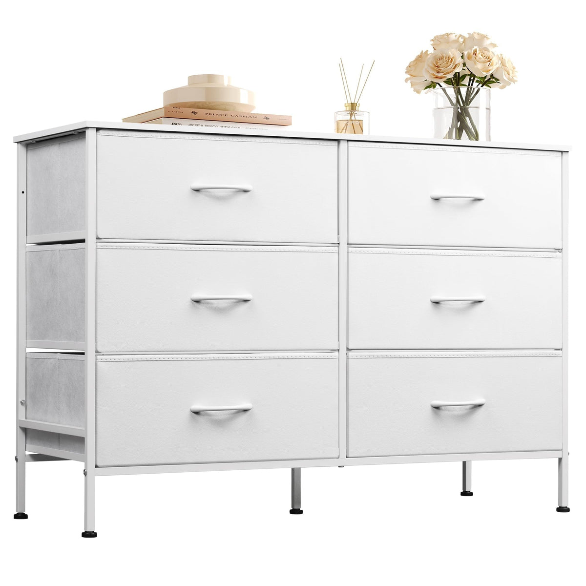 WLIVE wide dresser with six fabric drawers and wood top for organized storage.