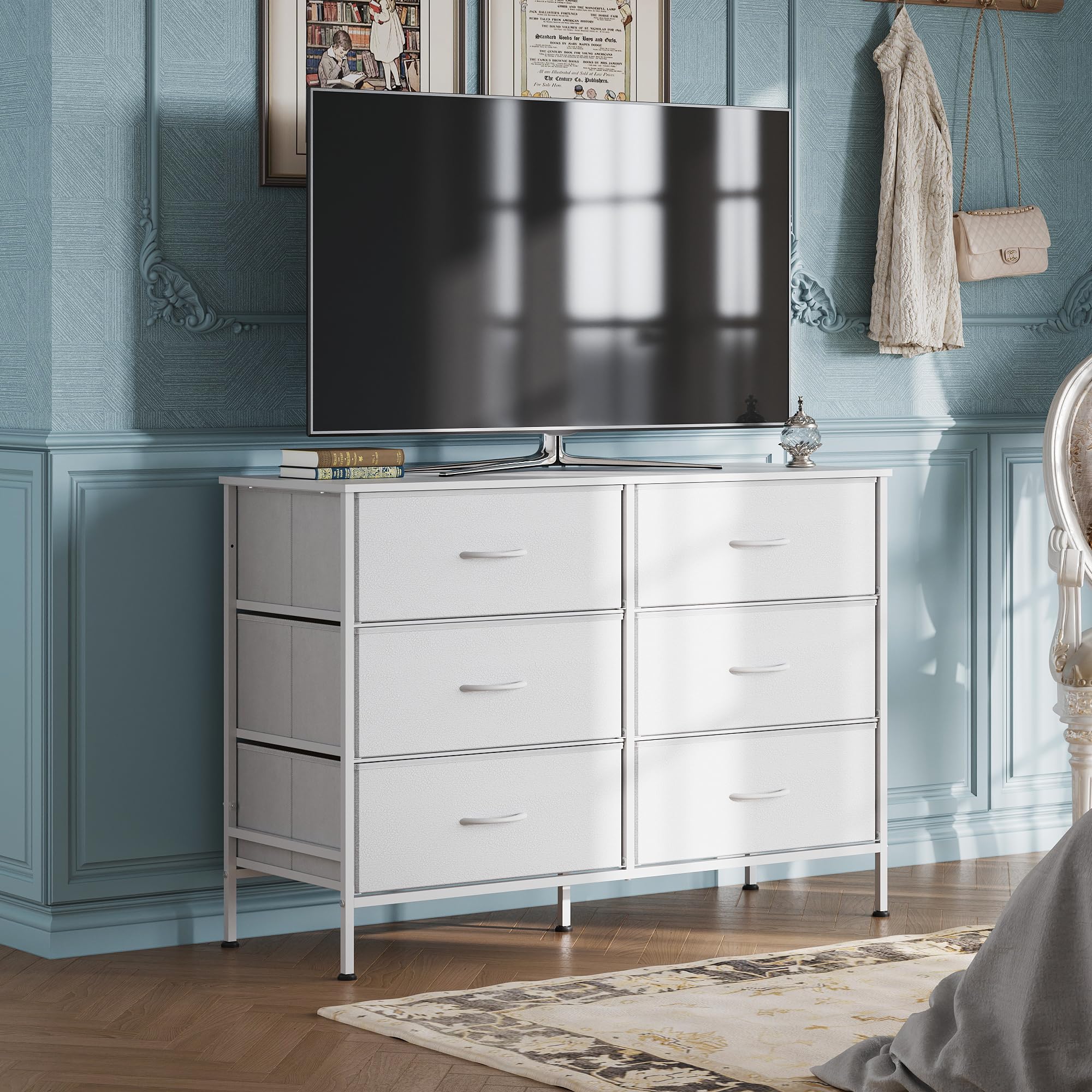 WLIVE wide dresser front view showing clean lines and compact footprint.