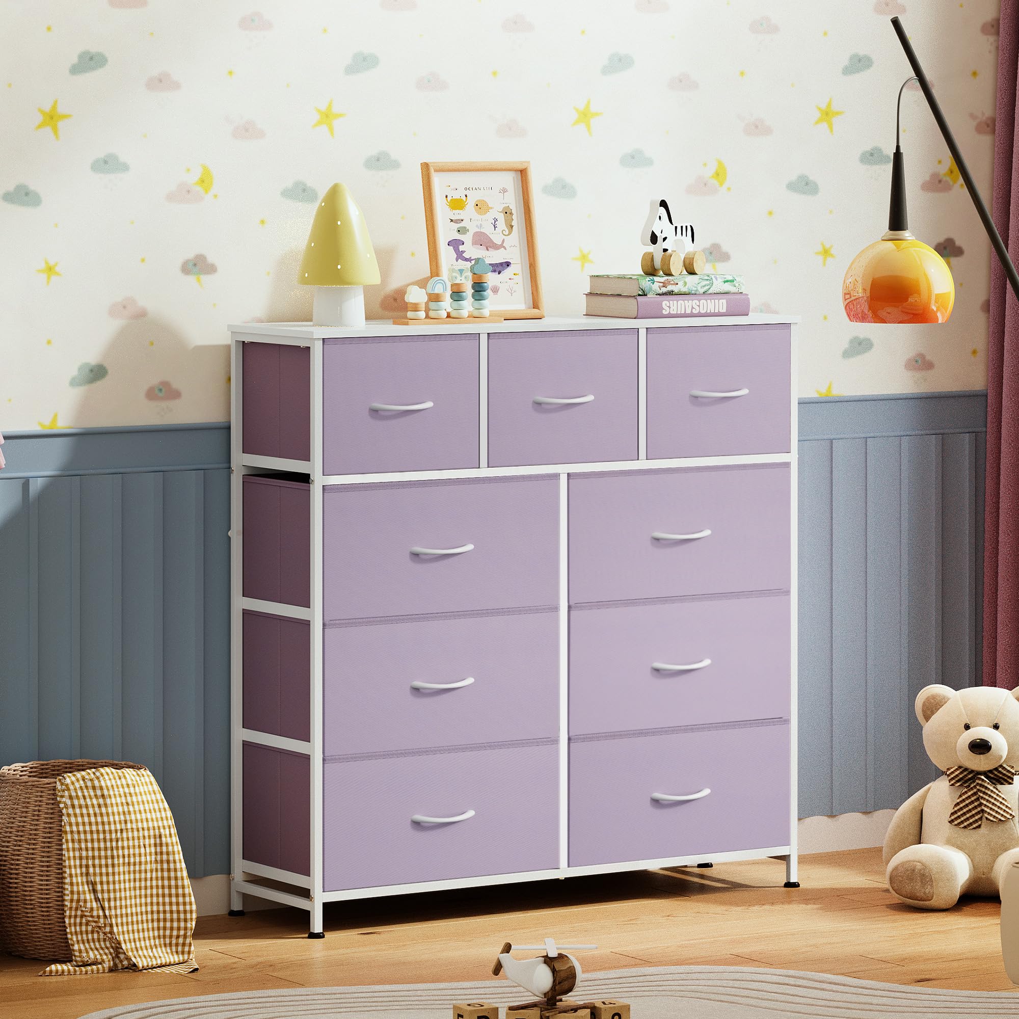 WLIVE wood-top dresser detail showing sturdy surface for lamp and daily items