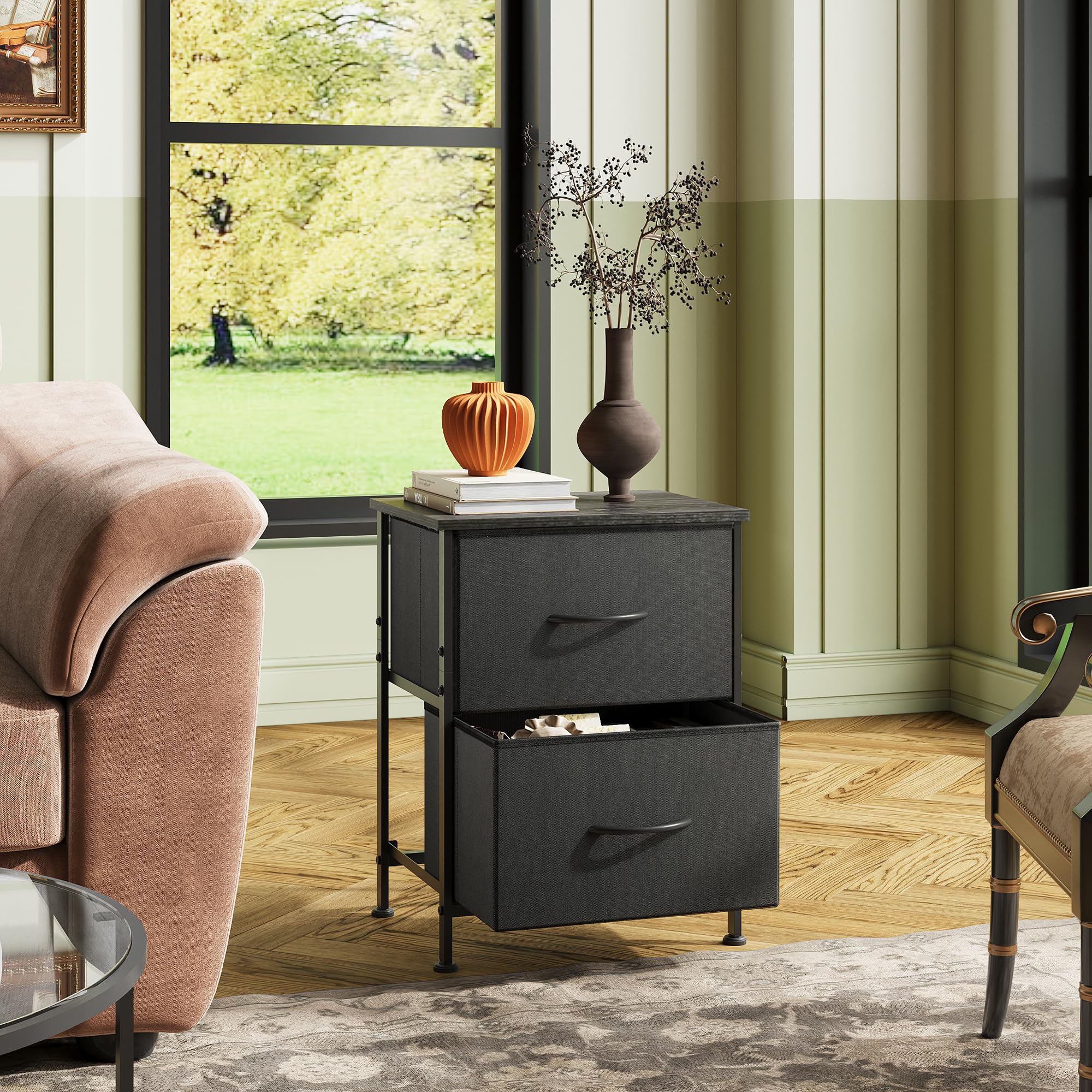 WLIVE wood-top nightstand close-up highlighting spill-proof surface.