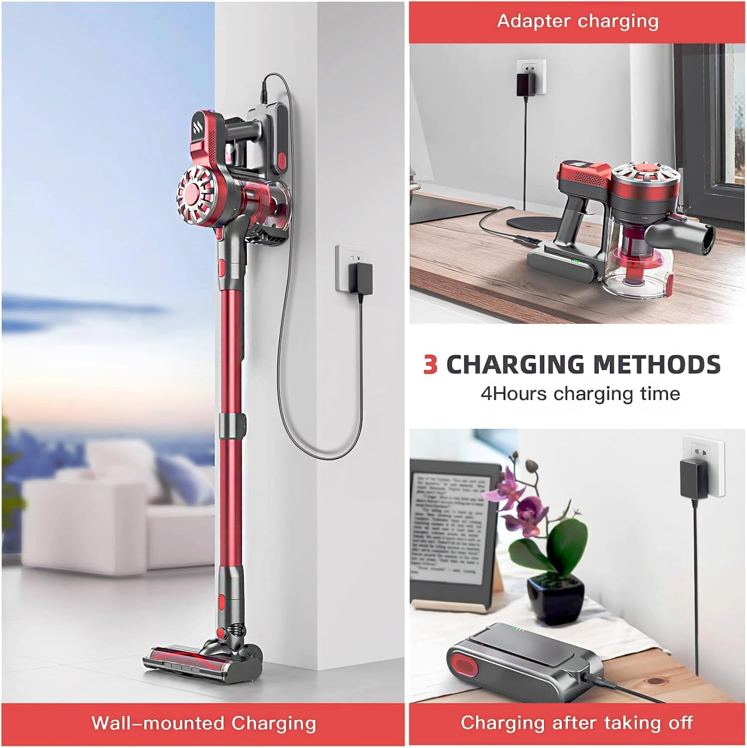 WLOTPO cordless vacuum 2200mAh battery delivers up to 35 minutes of runtime.