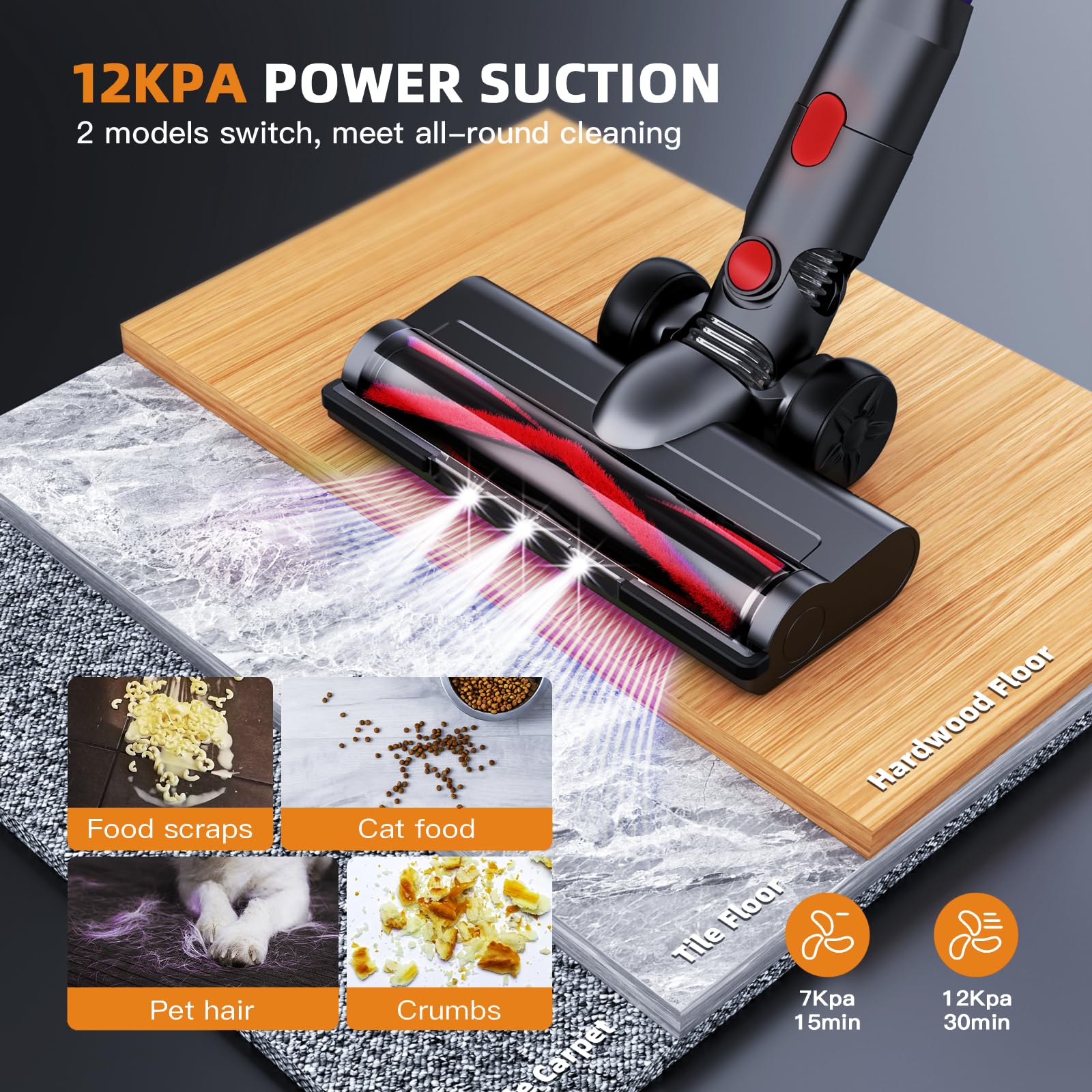 WLOTPO cordless vacuum with three LED lights helps reveal dust under furniture.