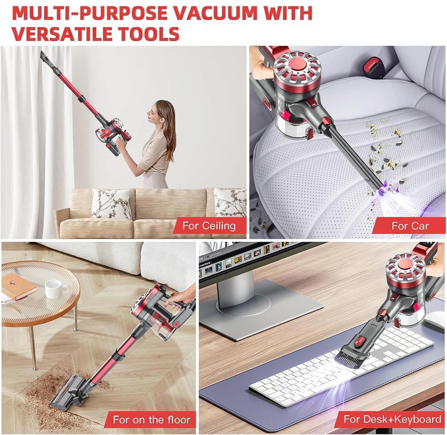 WLOTPO cordless vacuum six-in-one setup adapts to stairs, sofas, and car interiors.