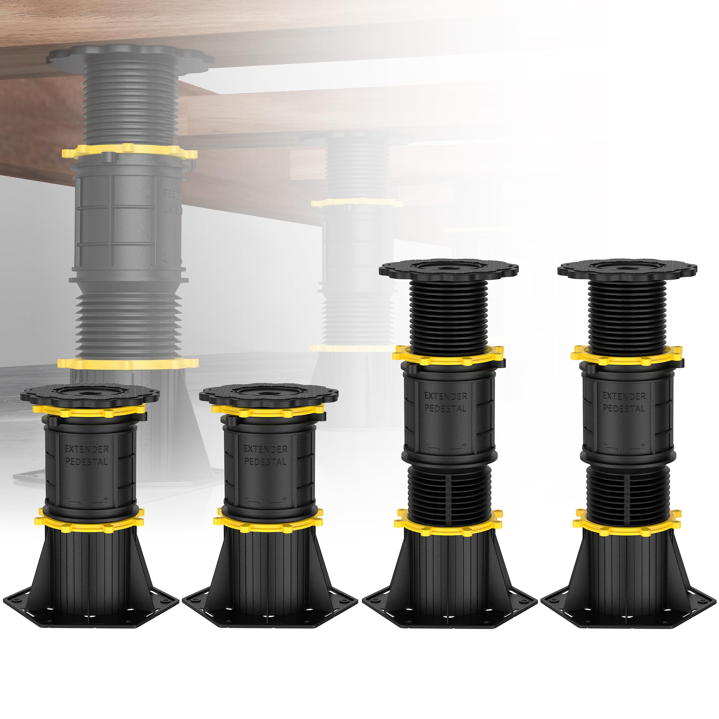 Wlrrcwdttc adjustable-height bed support legs ready for 8.5 to 13 inches, showcasing setup versatility.
