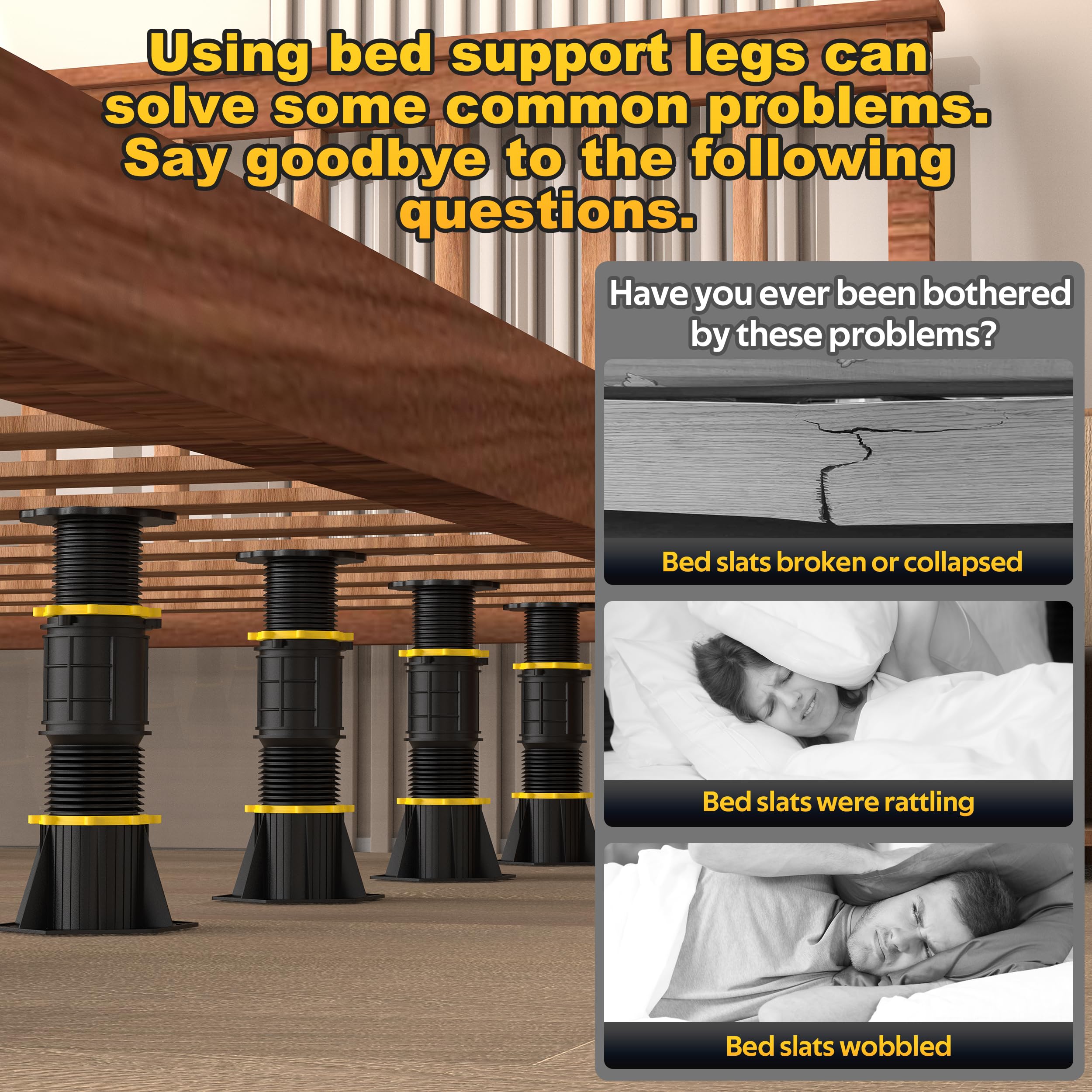 Wlrrcwdttc two-pack bed legs with rings ensure stable placement.