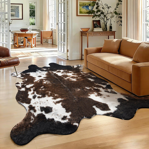 WMT NVMTER faux cowhide rug with fluffy black-brown texture for cozy living rooms.