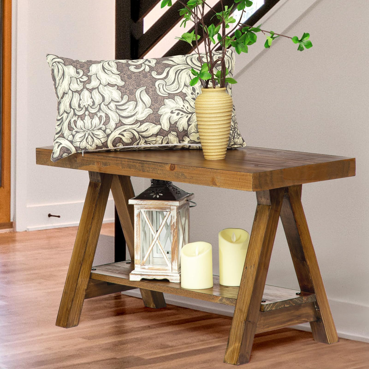 Wnutrees Farmhouse wood bench close-up showing natural grain and durability.