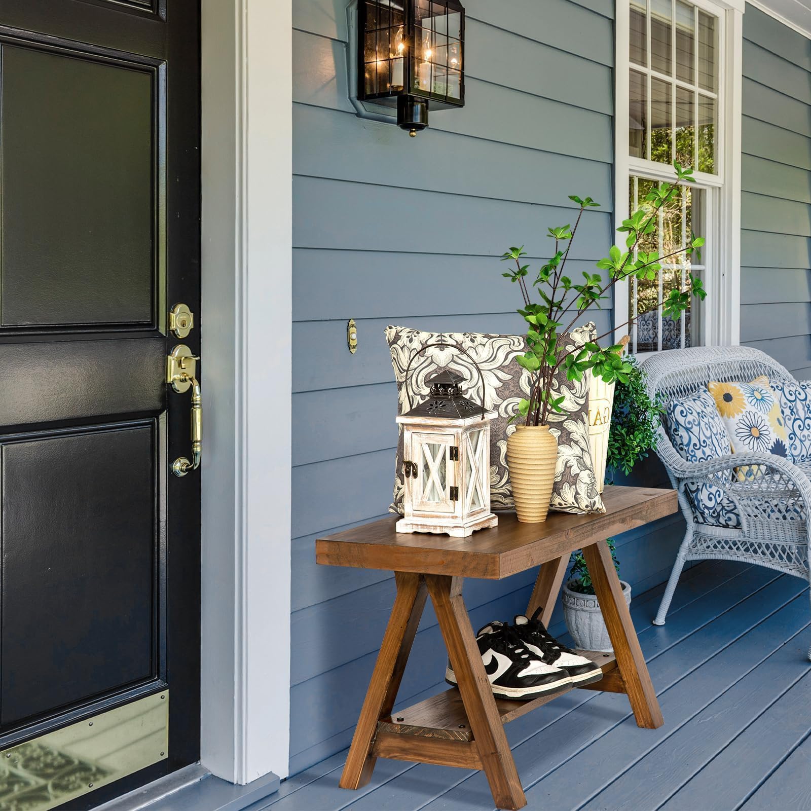 Wnutrees Farmhouse wood bench dining room arrangement for extra seating.