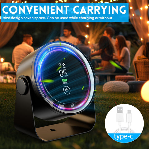 WNXQGZ small desk fan black LED display showing speed and battery