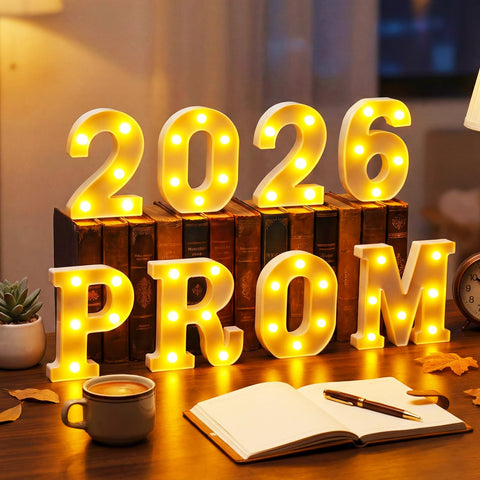 Woanger eight-piece light-up letters ideal for table decor at graduation parties.