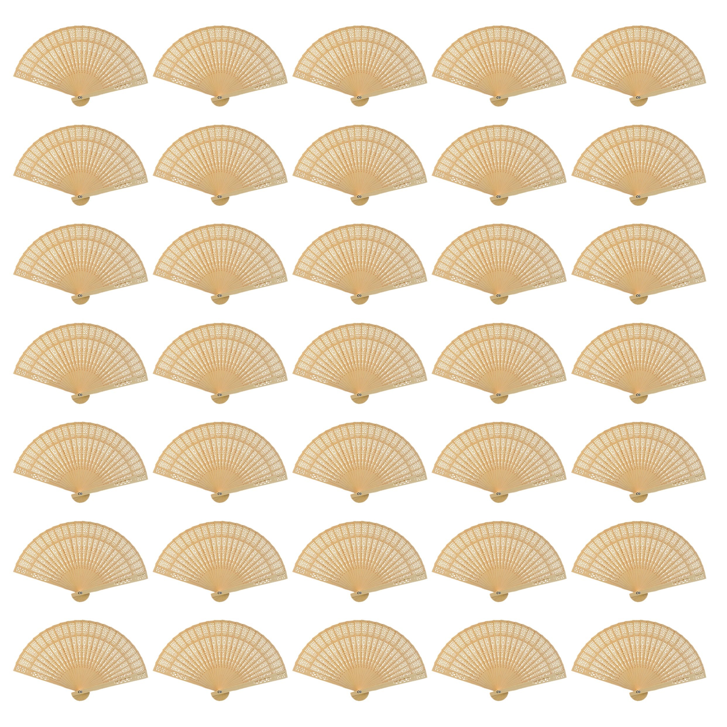 Wobe sandalwood openwork fan showcases elegant wedding favor use in warm, rustic decor.