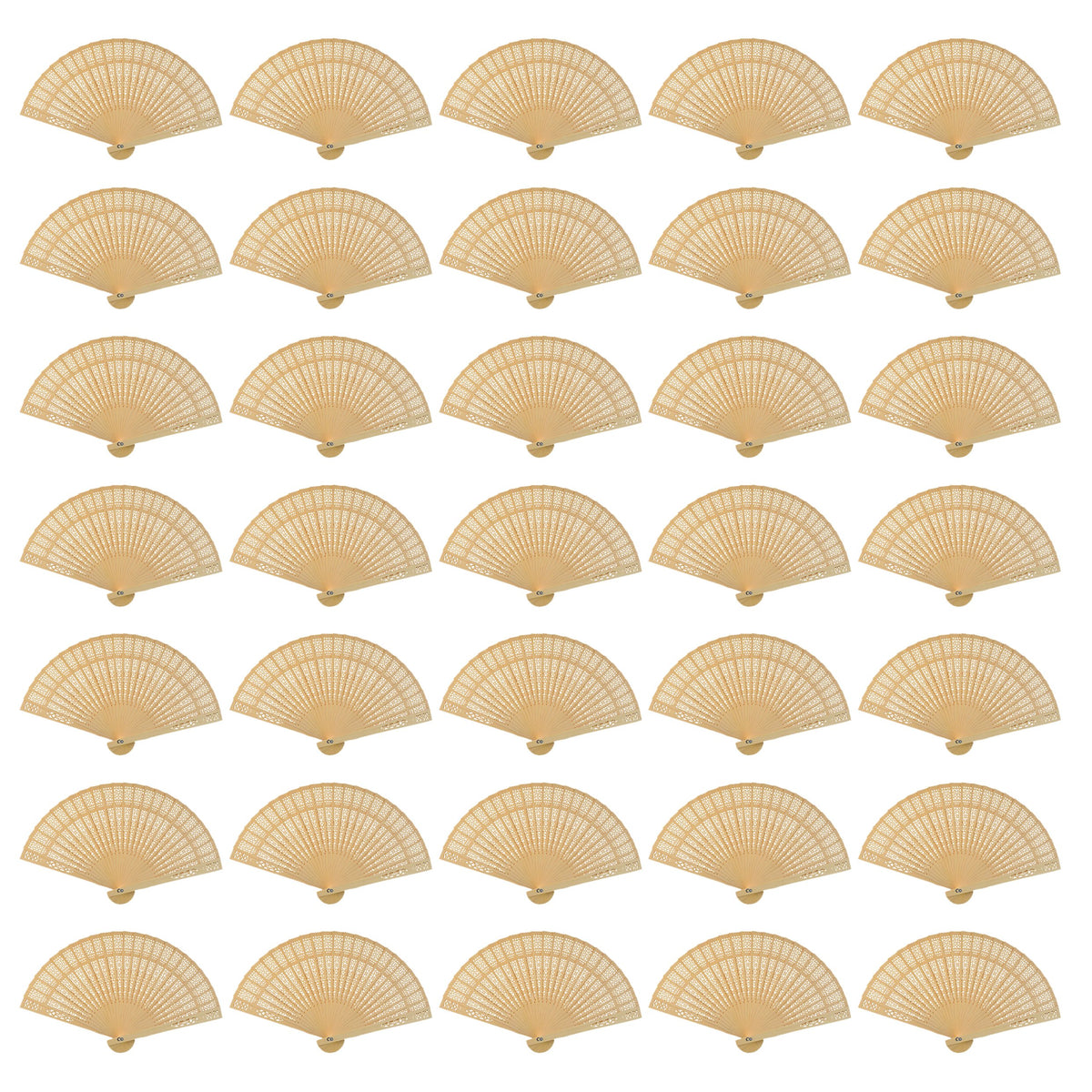 Wobe sandalwood openwork fan showcases elegant wedding favor use in warm, rustic decor.