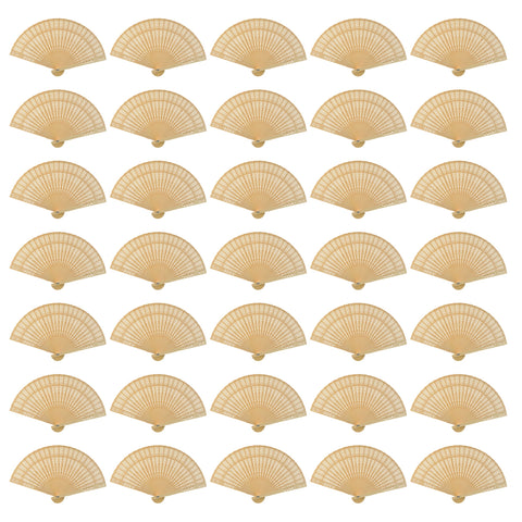 Wobe sandalwood openwork fan showcases elegant wedding favor use in warm, rustic decor.