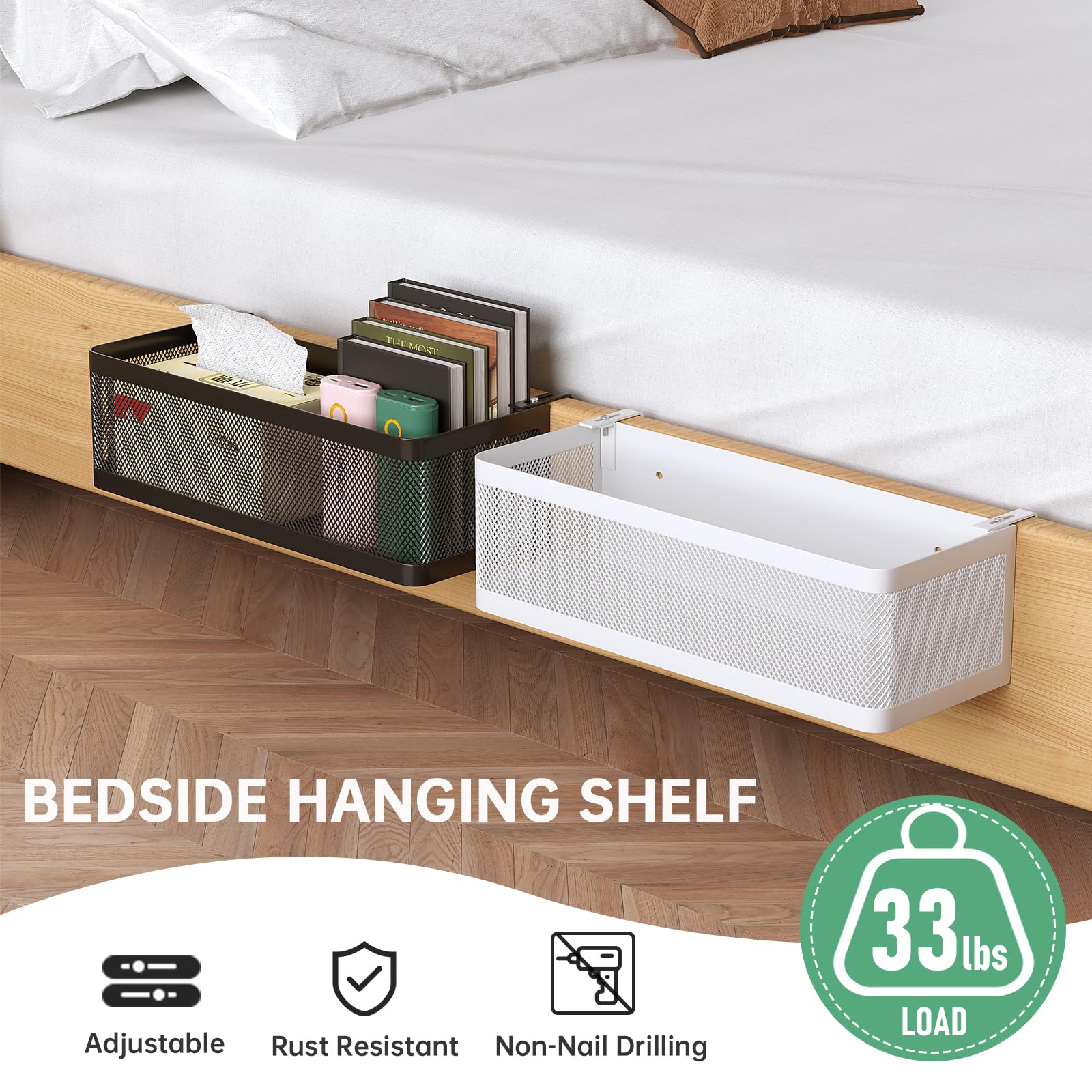 WOCHUANGSI bedside caddy shelf keeps notebooks and chargers accessible