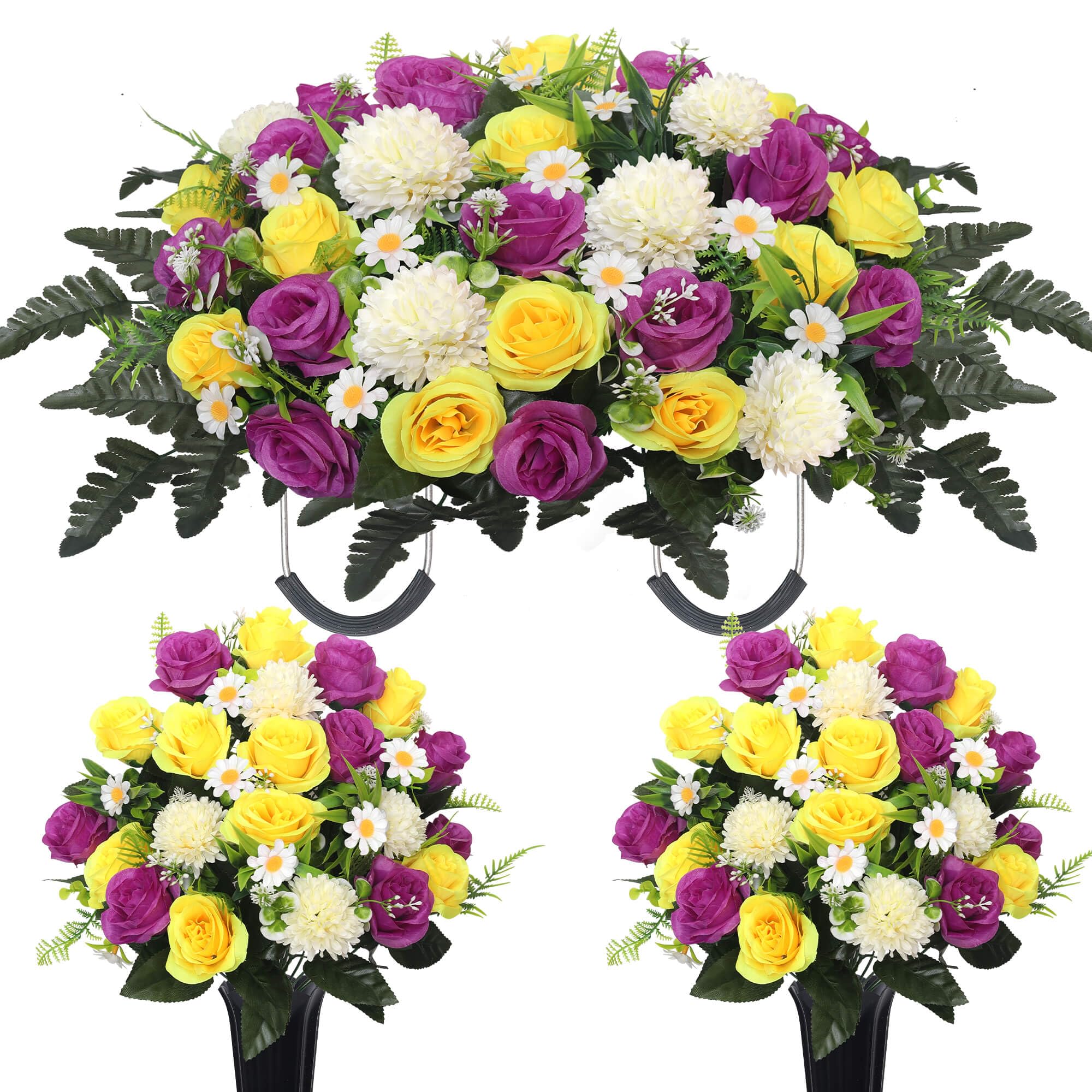 Wocst headstone saddle with purple and yellow blooms for durable outdoor display
