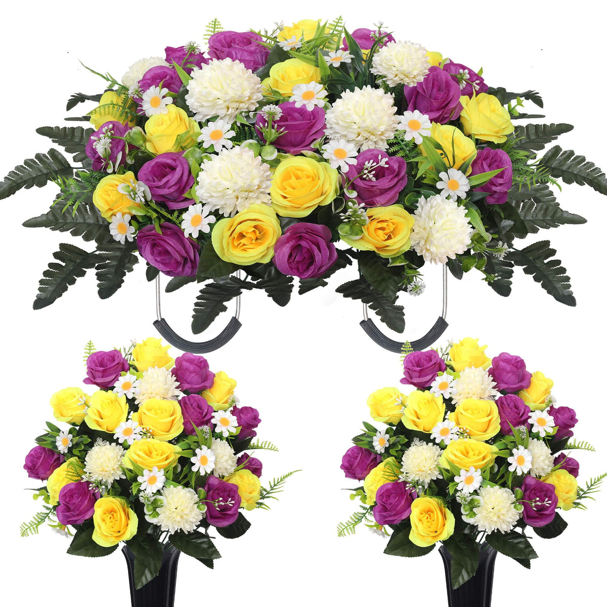 Wocst headstone saddle with purple and yellow blooms for durable outdoor display