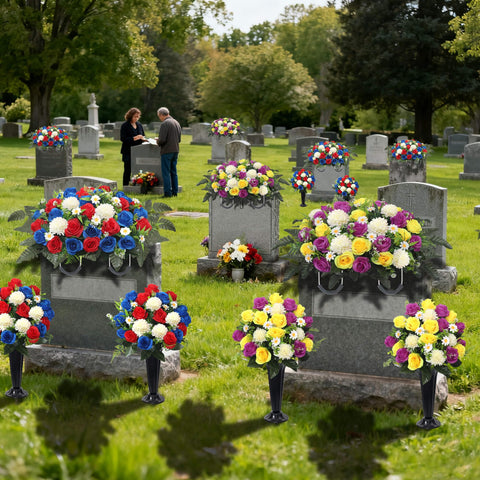 Wocst cemetery decor set shown on outdoor grave display