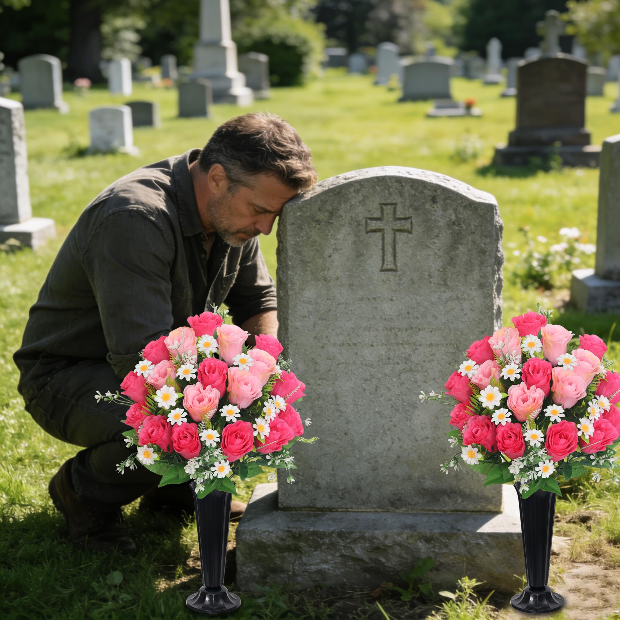 Wocst cemetery vase with sturdy ground spike for secure outdoor grave displays.