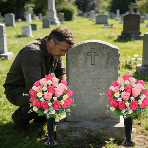 Wocst cemetery vase with sturdy ground spike for secure outdoor grave displays.