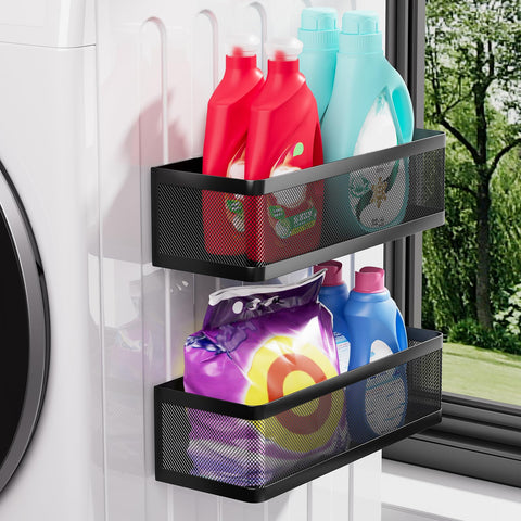 WOCUBEHOME magnetic shelf two-pack on laundry wall keeps tall bottles organized.
