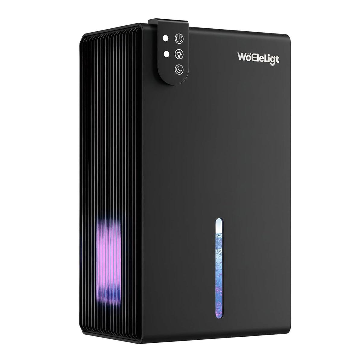 WoEleLigt dehumidifier front view in pure black for compact moisture control