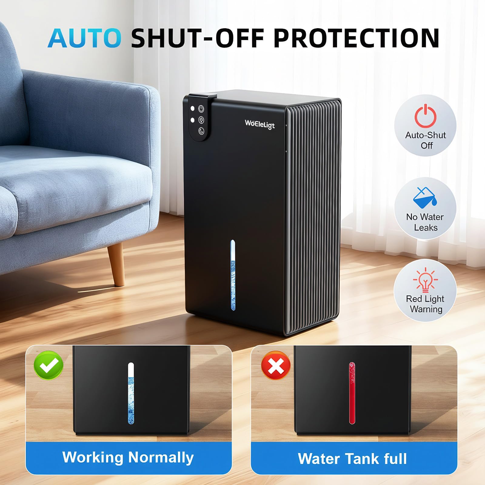WoEleLigt dehumidifier in high-power mode delivering quick moisture reduction in damp spaces