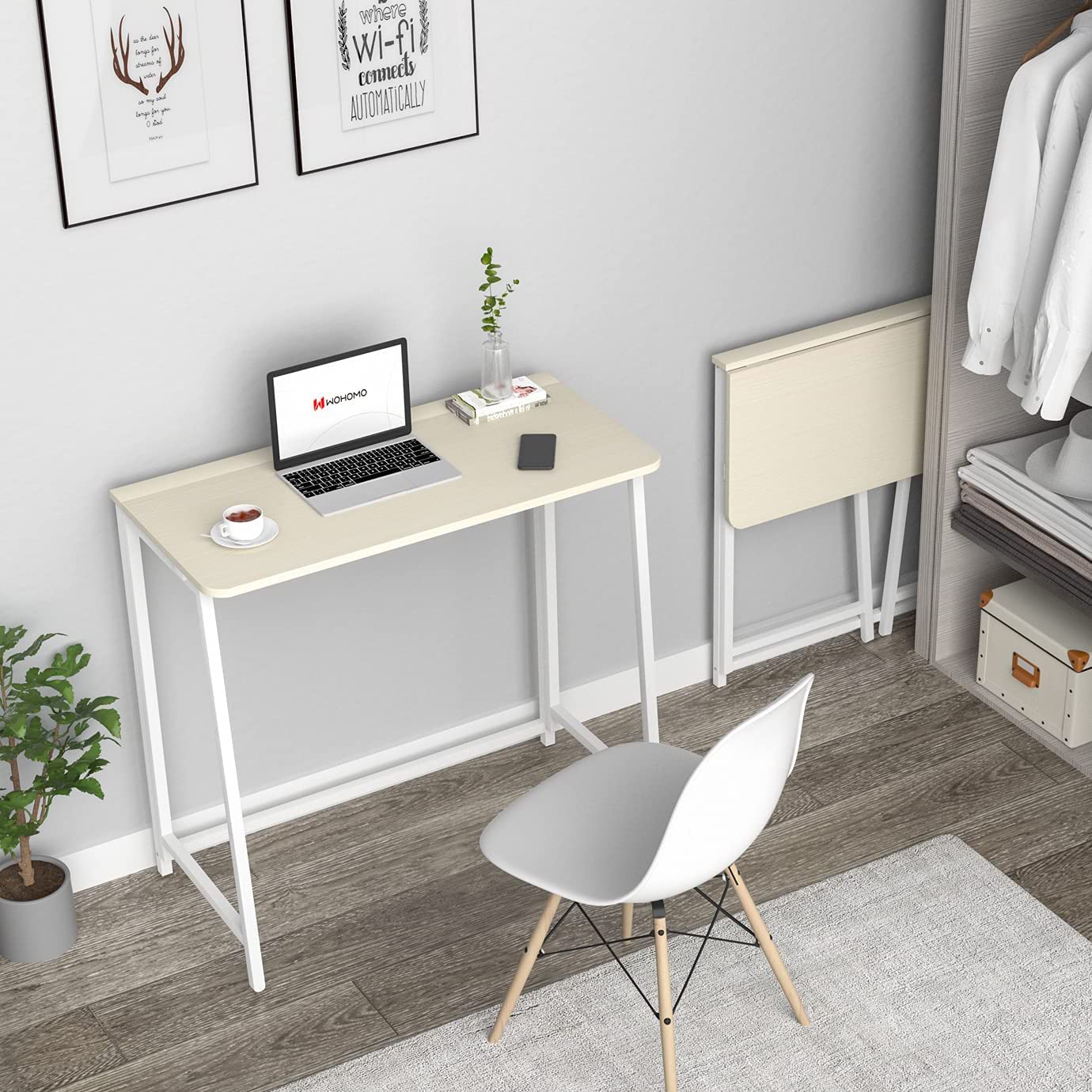 WOHOMO folding desk folded slim profile stored behind a door or under a bed.