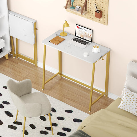 WOHOMO folding desk with gold legs, ideal for small spaces and stylish workstations.