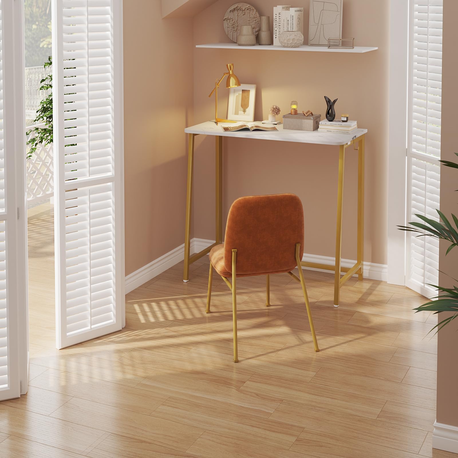 WOHOMO small foldable desk folded profile, easy storage behind doors.