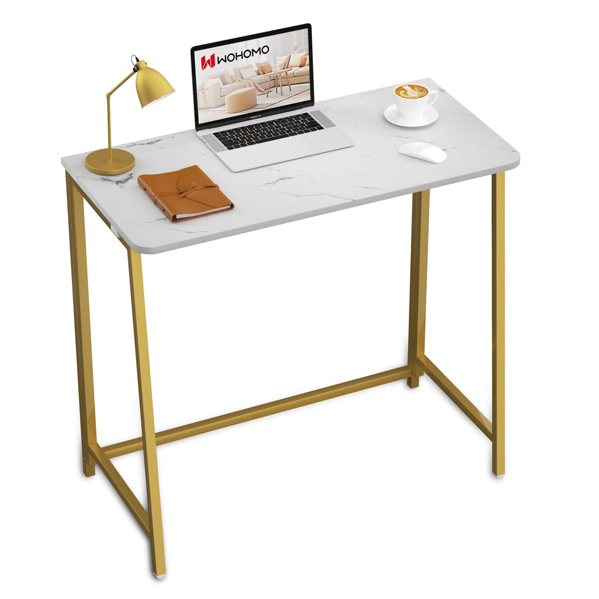 WOHOMO white faux marble folding desk top view, durable surface for quick setup.