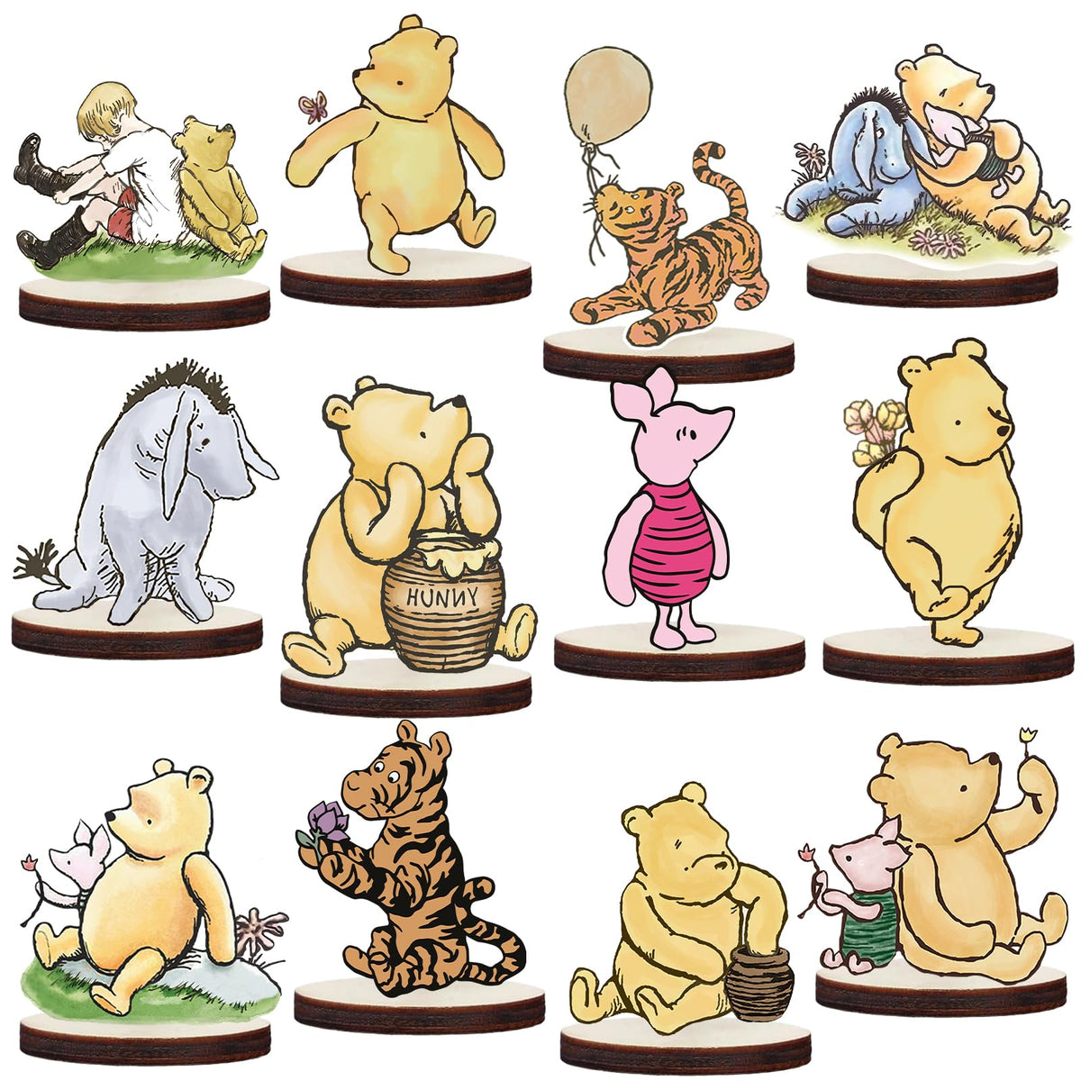 WOHOOBAOW Winnie centerpieces Pooh bear cutout on a wooden base for baby showers.