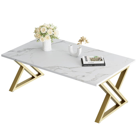 Wolawu coffee table with white faux marble top enhances modern living rooms.