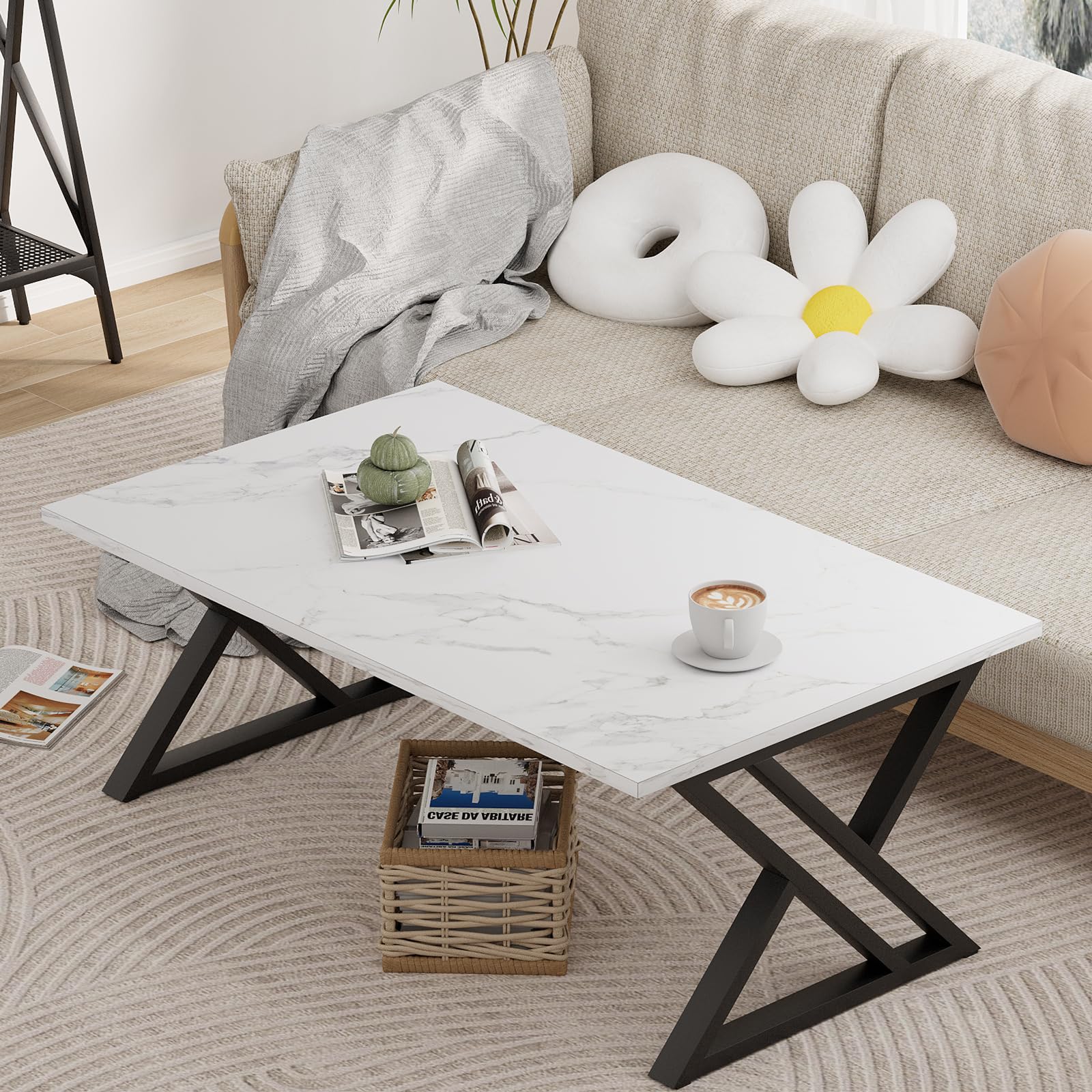 Wolawu coffee table features X-frame legs for extra stability.