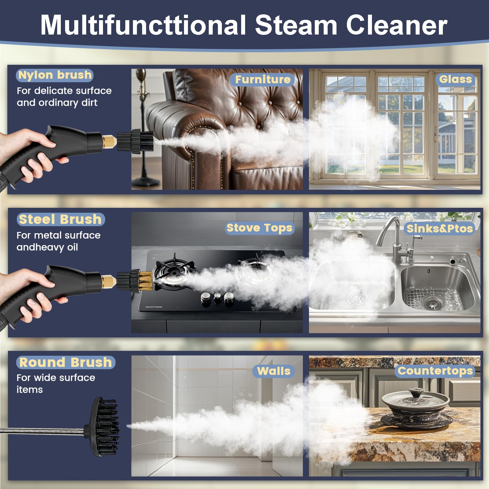 Wolfbella steam cleaner 10-piece accessory set expands cleaning options.