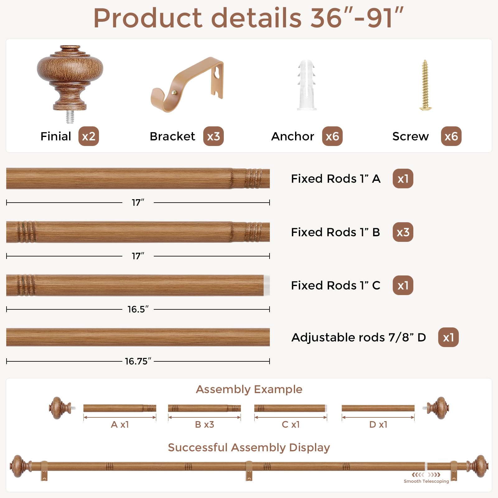 Wolistsa adjustable-length rod fits windows from 30 to 84 inches.