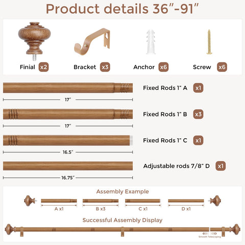 Wolistsa adjustable-length rod fits windows from 30 to 84 inches.