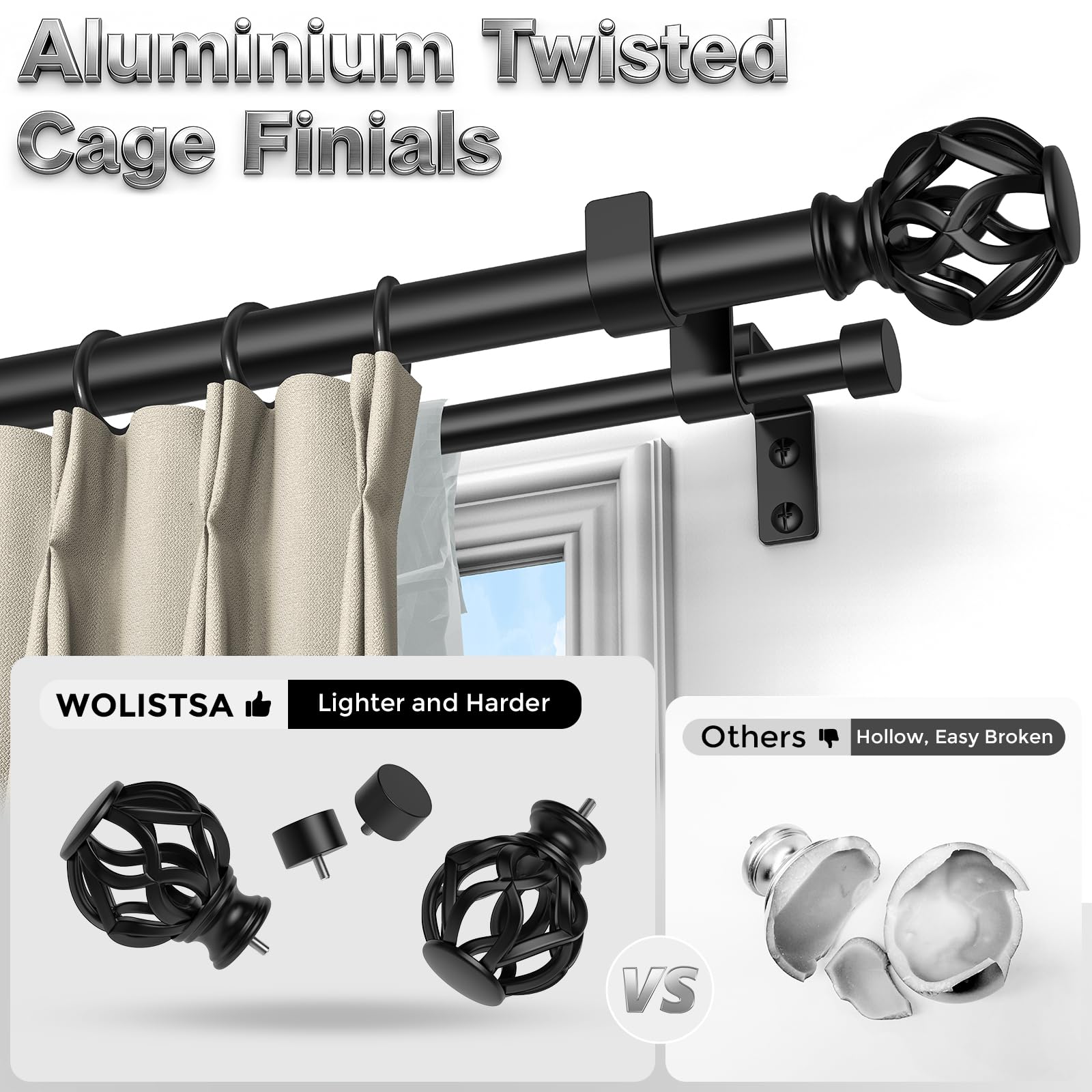 Wolistsa aluminium twisted cage finials add decorative elegance to windows.