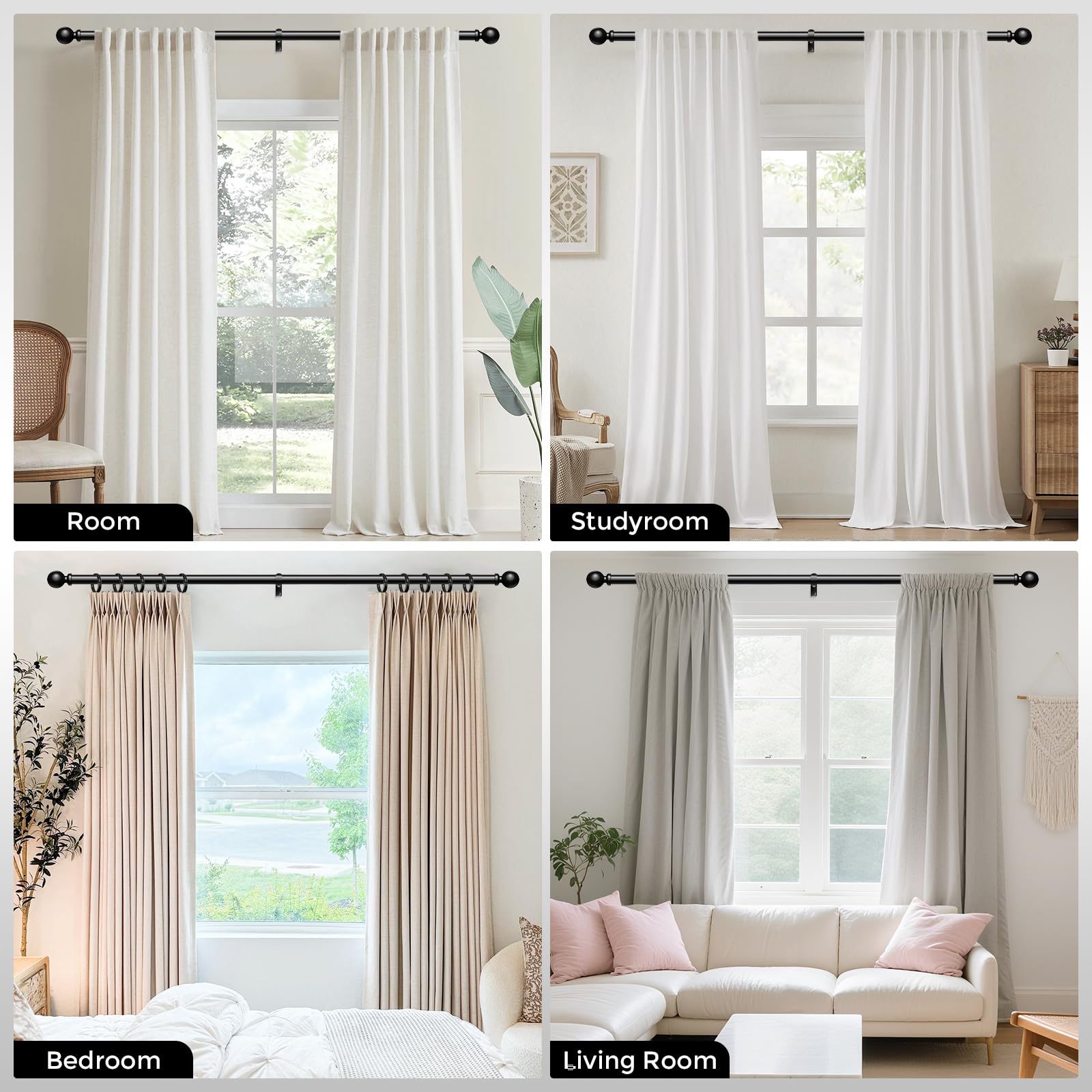 Wolistsa black round finials highlight contemporary style and easy mounting.