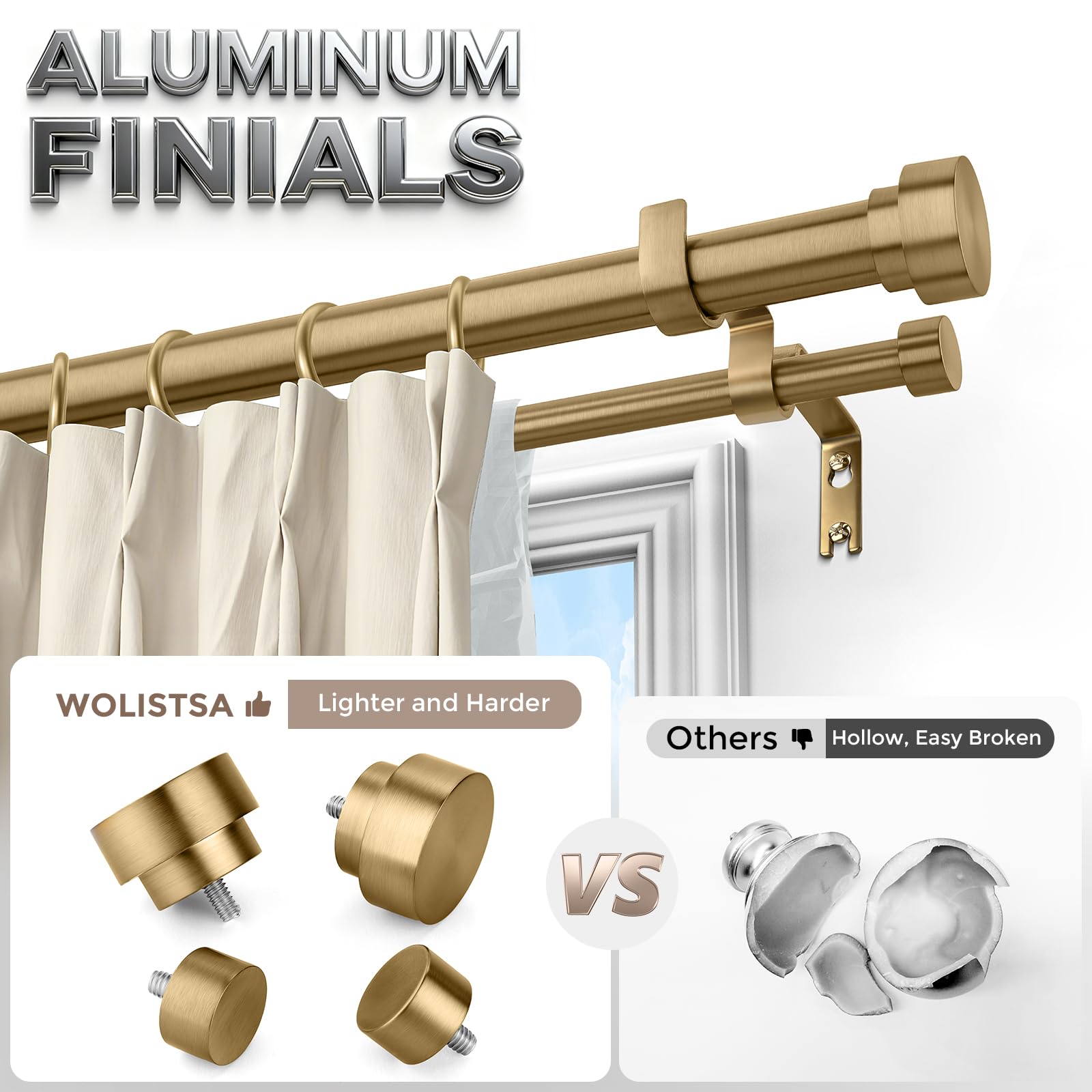 Wolistsa brass double curtain rod back rod close-up shows 5/8 inch.
