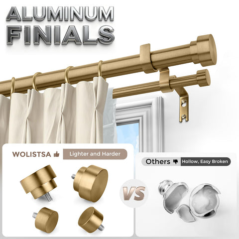 Wolistsa brass double curtain rod back rod close-up shows 5/8 inch.