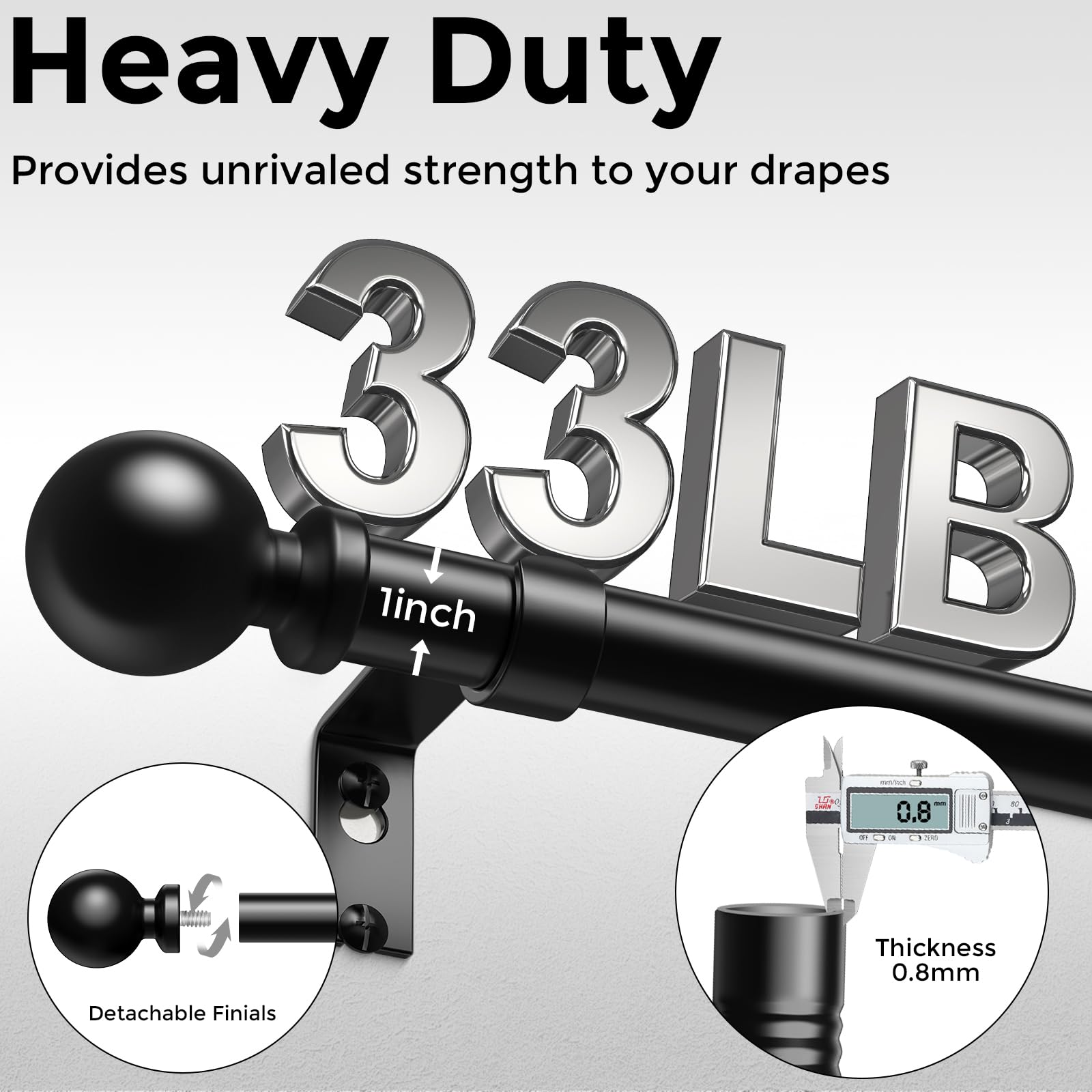 Wolistsa carbon steel heavy-duty rod delivers strength for heavier drapes.