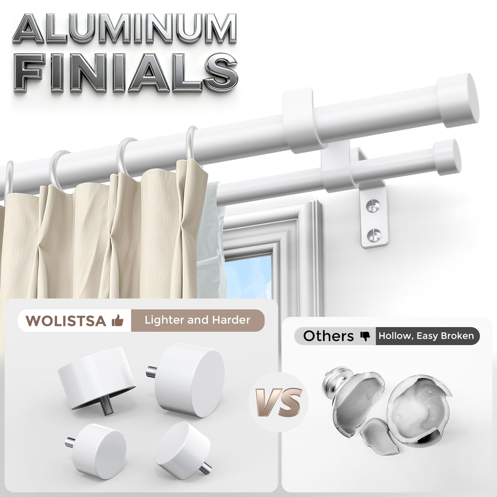 Wolistsa aluminium alloy finials provide a modern, anti-rust accent