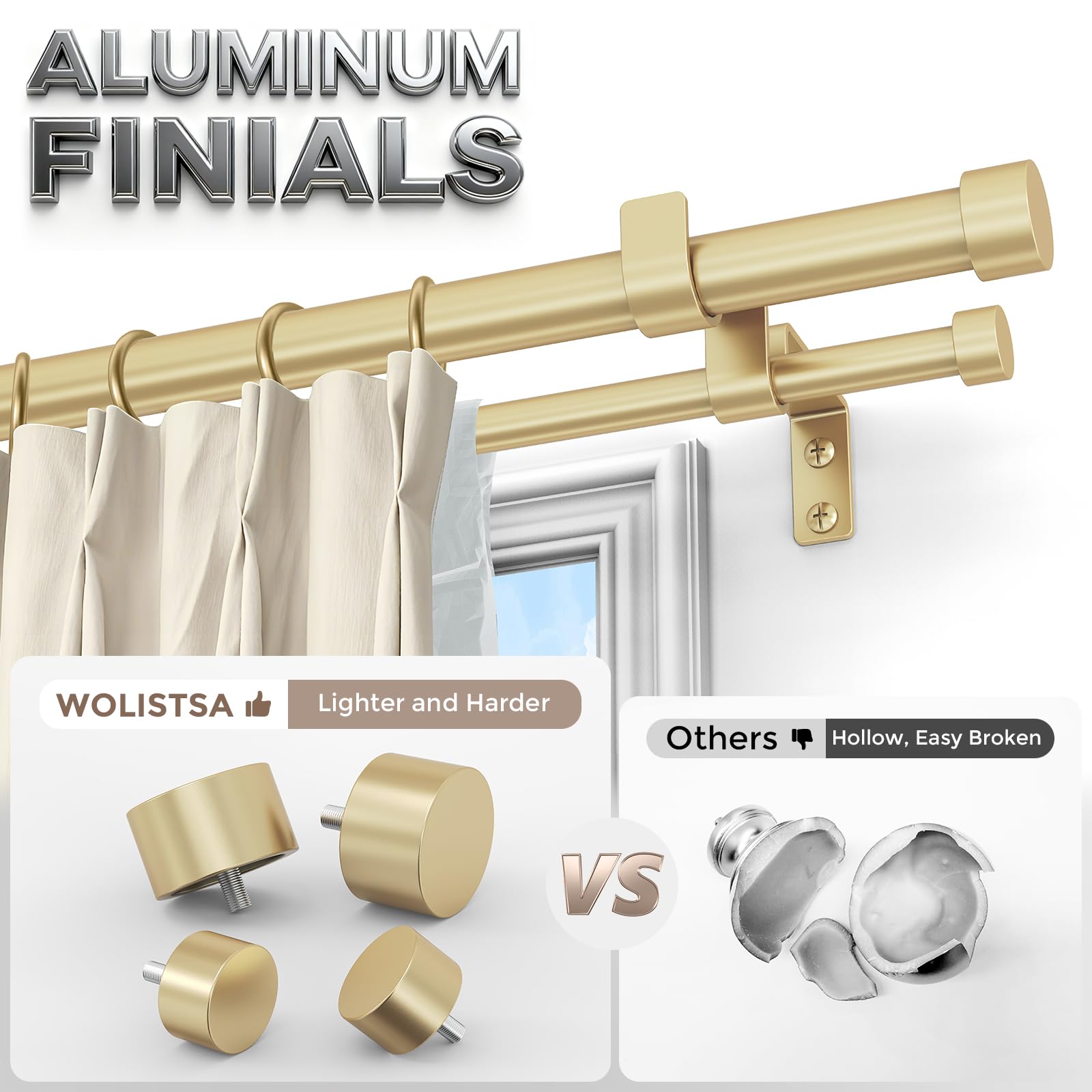 Wolistsa gold double curtain rod end finials add luxury detail and rust-resistant finish.