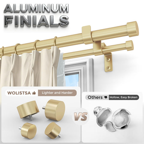 Wolistsa gold double curtain rod end finials add luxury detail and rust-resistant finish.