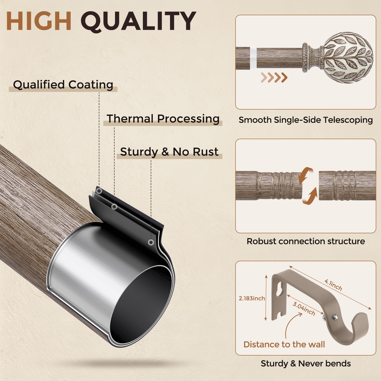 Wolistsa heavy-duty 1-inch rod supports curtains securely.