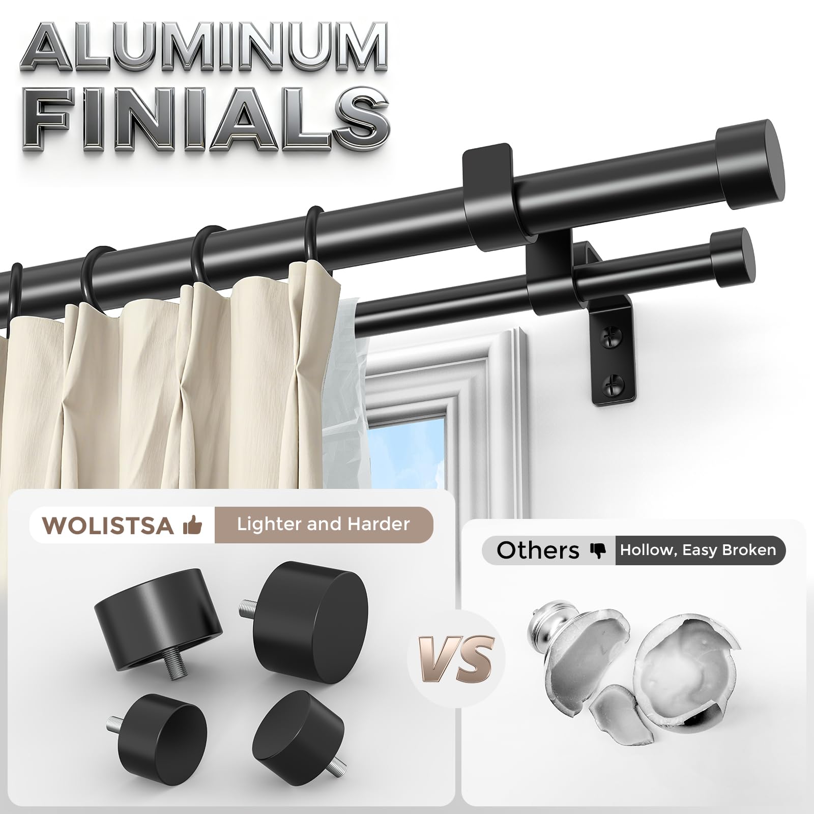 Wolistsa heavy-duty curtain rod closeup shows robust aluminum alloy construction.