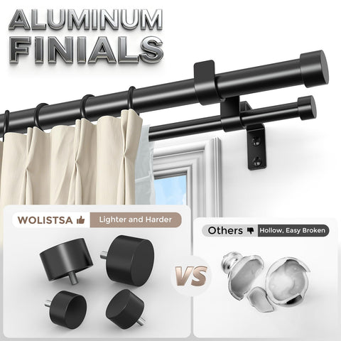 Wolistsa heavy-duty curtain rod closeup shows robust aluminum alloy construction.