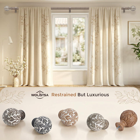 Wolistsa leaf finials highlight handcrafted texture on the rod.