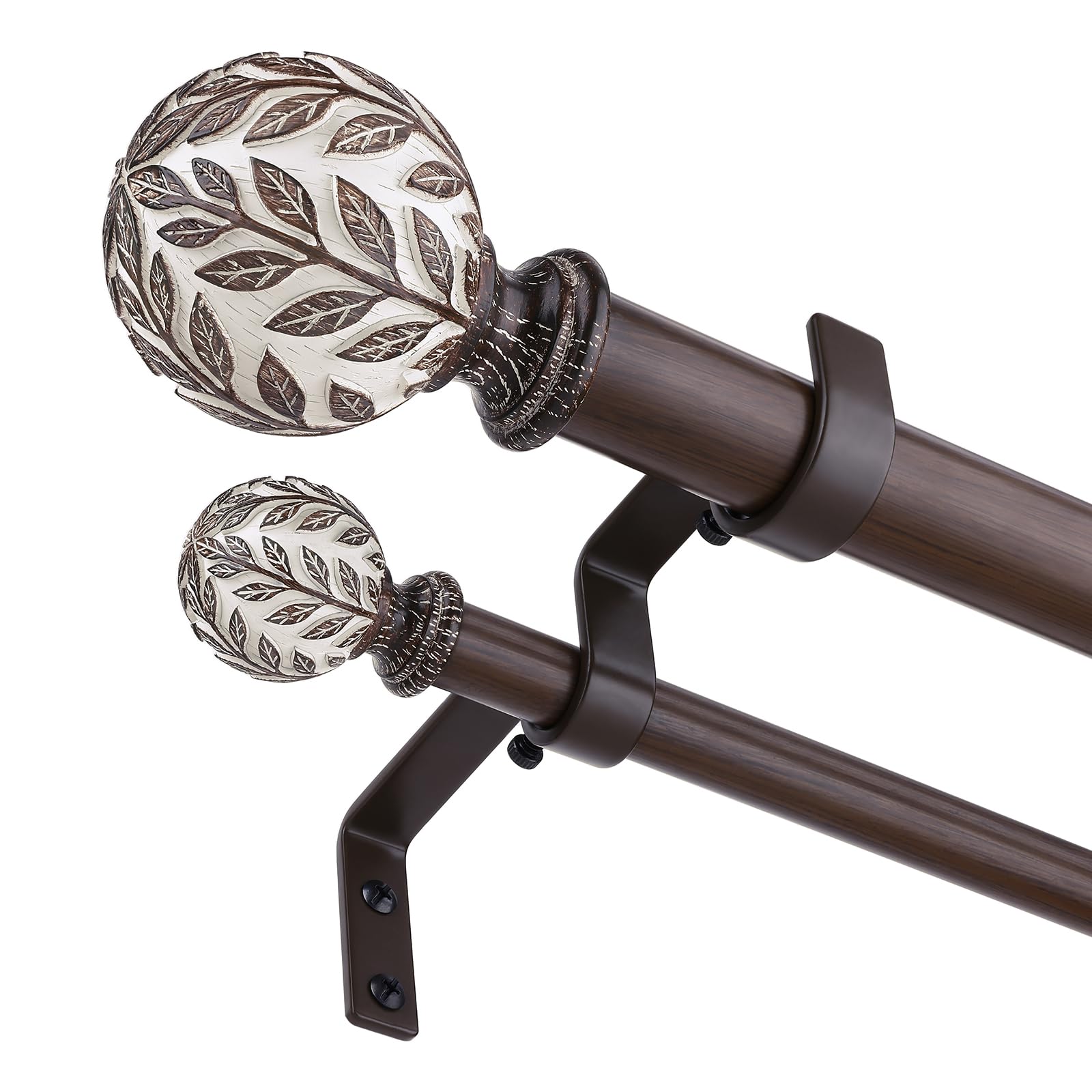 Wolistsa walnut wood double curtain rod with leaf finials for boho style